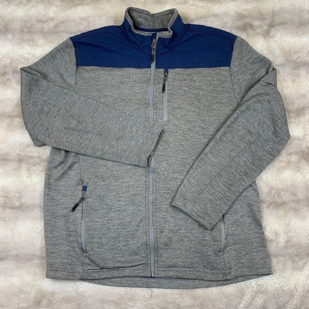 Orvis Men Full Zip Fleece Jacket Large Gray Navy Mock Neck Outdoor Hiking Casual